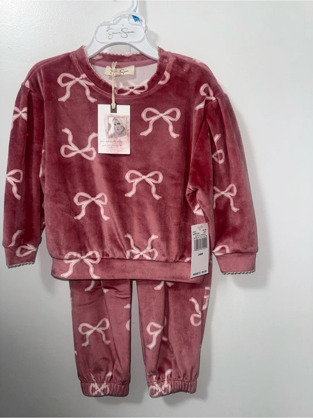 Jessica Simpson Girls Plush Bow-Print Pajama Set - Dusty Rose Pink